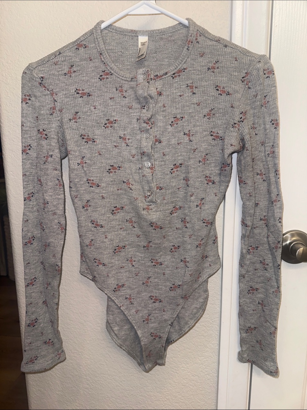 American Apparel Grey Ribbed Floral Henley Bodysuit